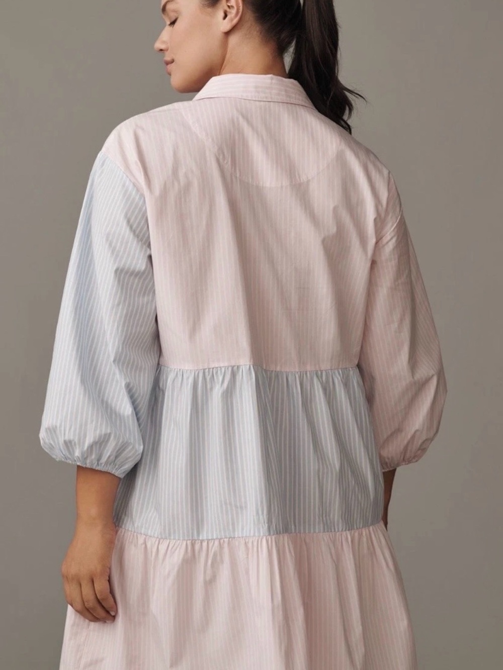 Anthropologie Pink & Light Blue Tiered Button-Front Tunic - Picture 2 of 9